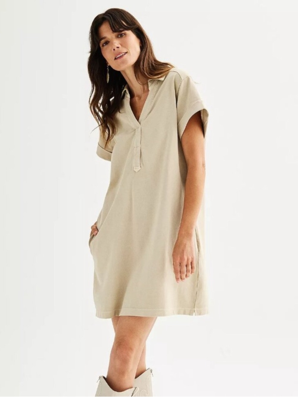 Women's Beige Tshirt Collar Dress